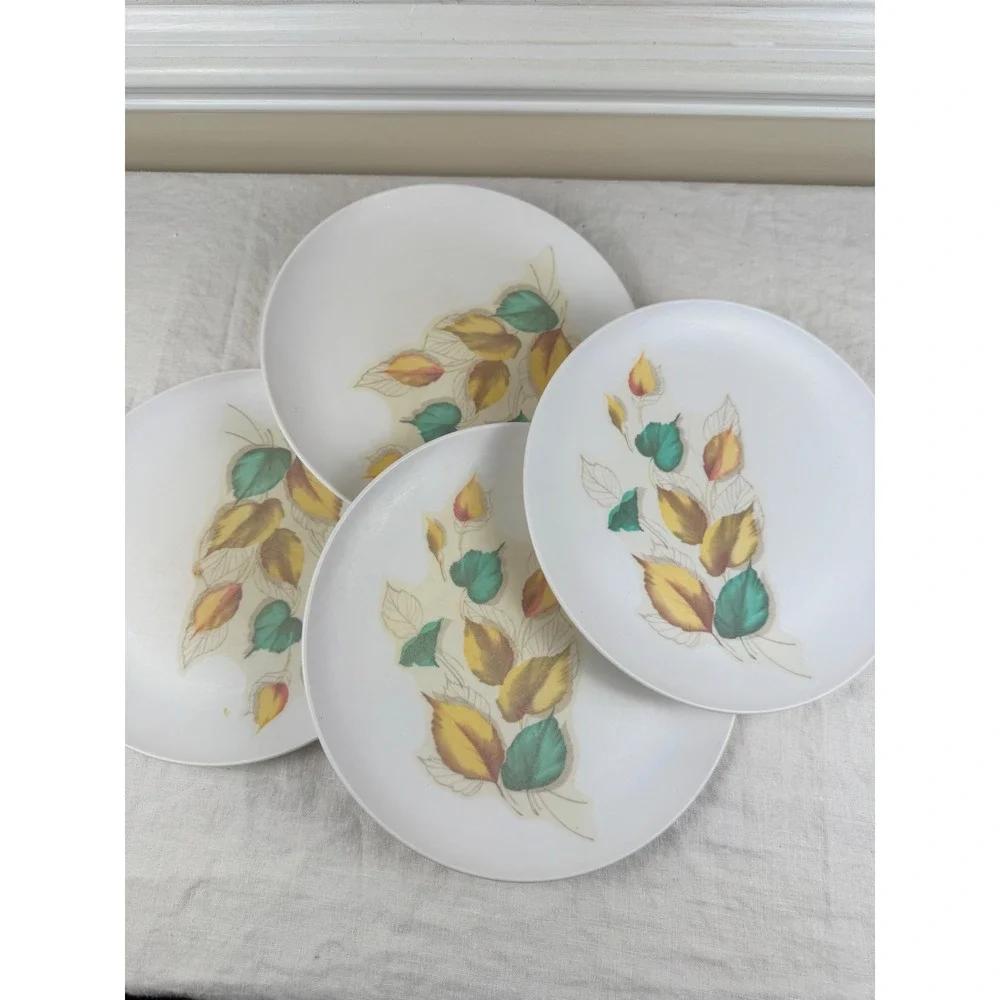 Vintage Stetson Melamine Dinner Plates Set of 4 Autumn Leaves MCM White 10 Inch